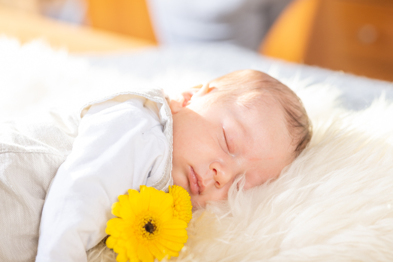 Baby auf einem Lammfell mit gelber Blume